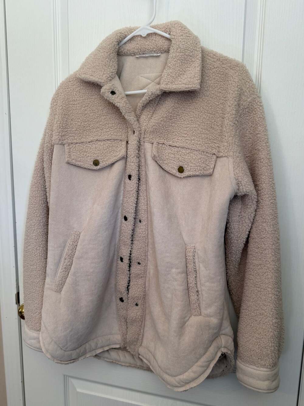 12th Tribe Sherpa Suede Faux Fur Button Down Shacket Jacket Cream Small - Picture 4 of 10
